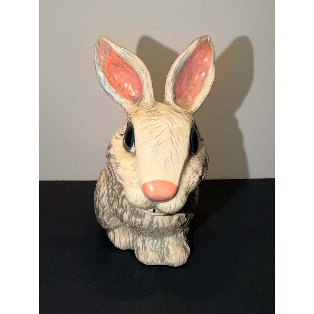 Vintage Ceramic Rabbit Figurine Blue Eyes Textured Fur Easter Bunny Decor 6in